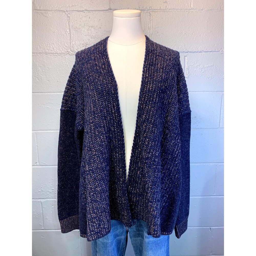 Gap Womens XL Navy Blue Brown 100% Lambswool Chunky Knit Cardigan Sweater